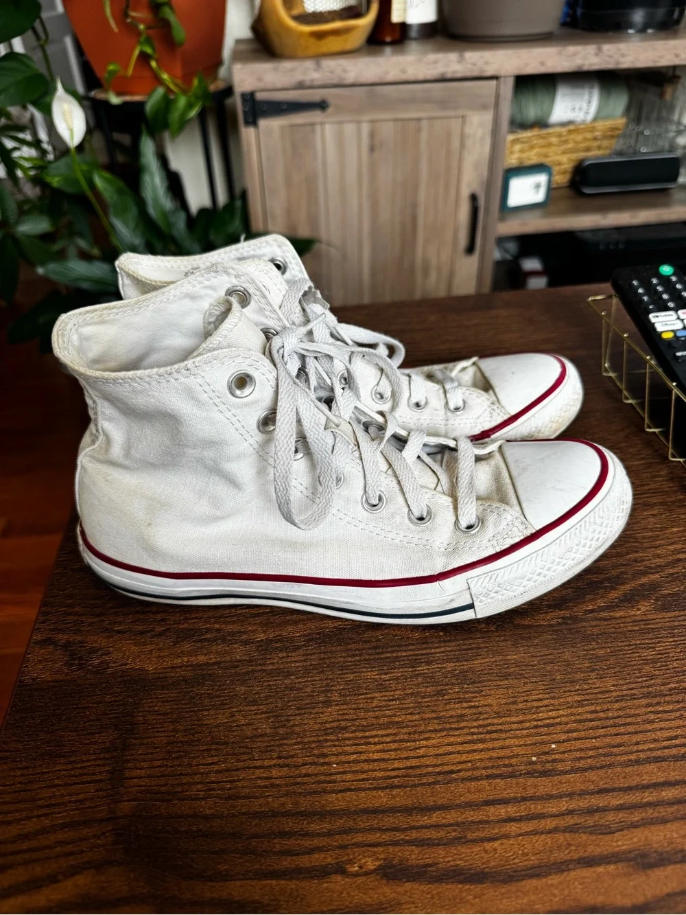 Converse White High-Top Sneakers with Red Trim